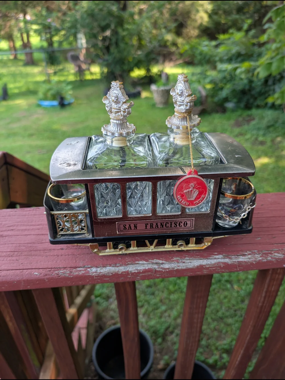 San Francisco Cable Car Glass Decanter Set with Silver Accents-1970's
